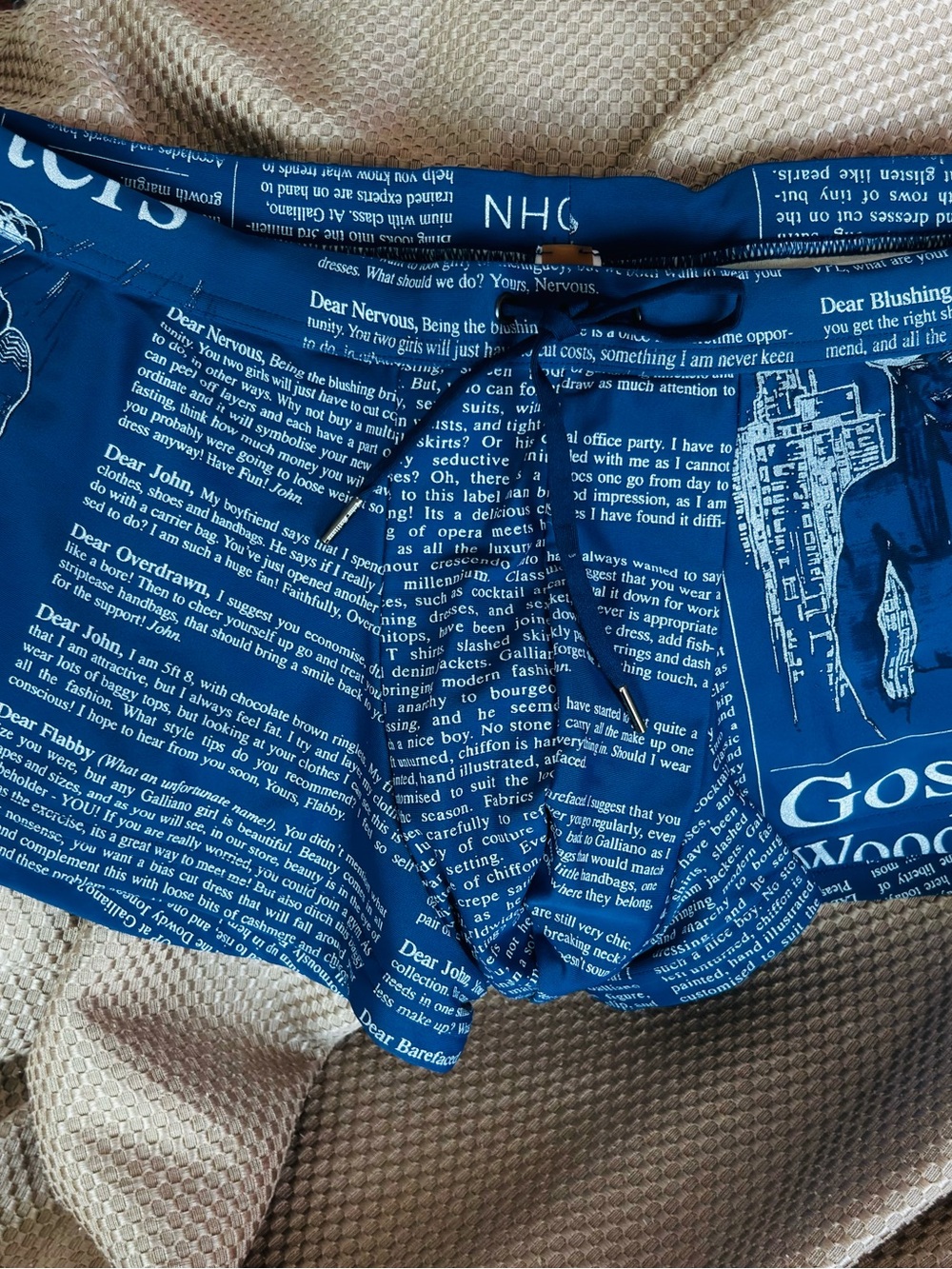 NWOT - Galliano Blue Newspaper Print Swim Trunks